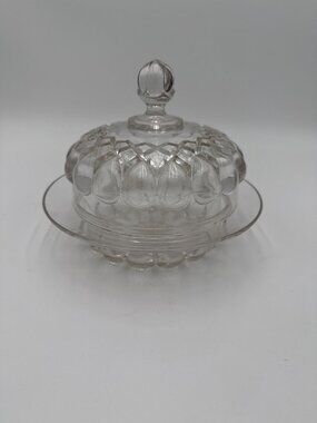Vintage American Billiant Clear Glass Butter Dish Lid Diamond Pattern Round